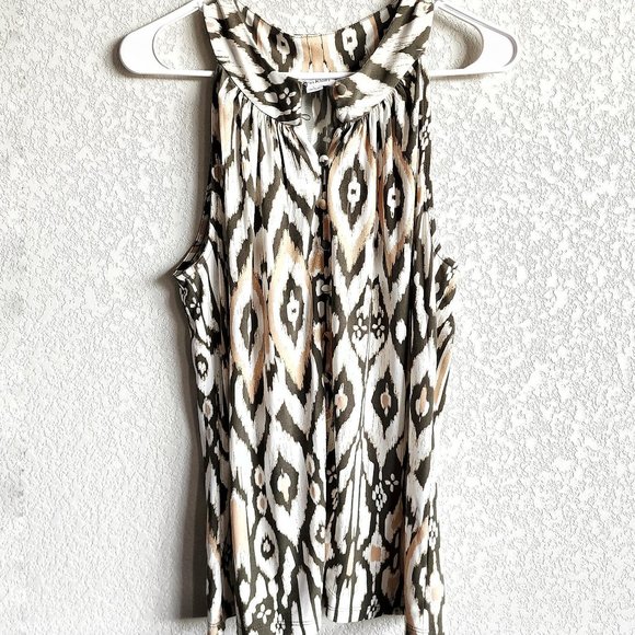 CALVIN KLEIN Patterned Cream, Orange, Brown Top | Sleeveless Button Blouse Shirt - Picture 3 of 7